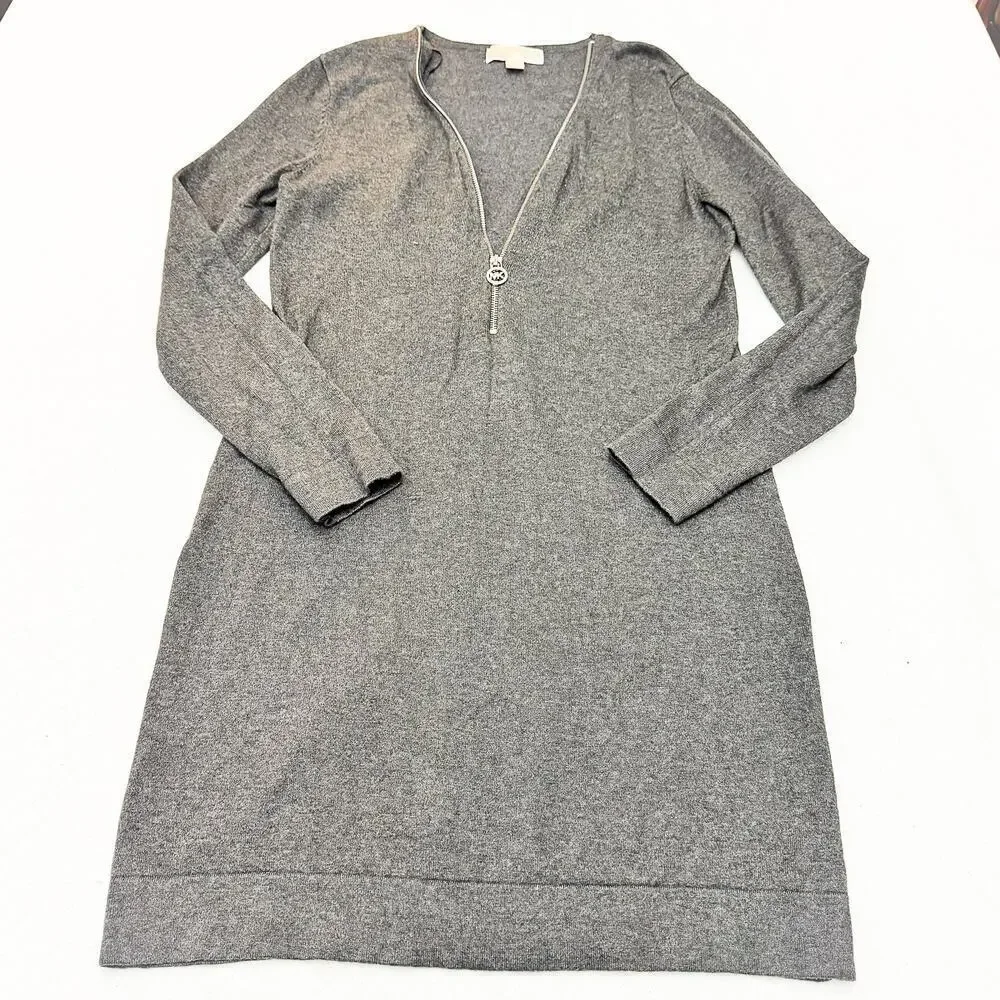 Michael Kors Deep V-Neck Zipper Adjustable Gray Knee Length Dress Size M